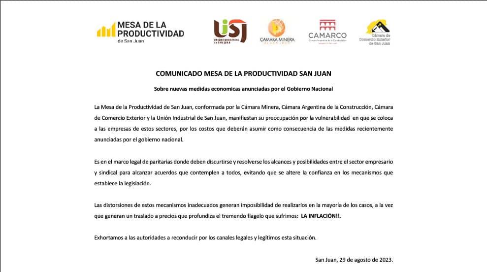 Comunicado mesa de la productividad San Juan